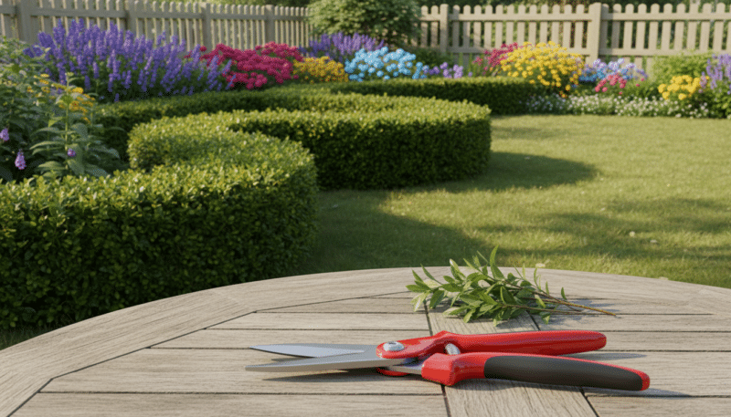 A beautifully arranged garden scene featuring hand shears for trimming a lush green hedge. In the foreground, a pair of vibrant red hand shears with a shiny finish resting on a wooden garden table. In the middle, the neatly trimmed hedge exudes a rich variety of greens, showcasing the care taken in landscaping. Soft sunlight filters through the trees, creating a warm and inviting atmosphere with gentle shadows on the grass. In the background, colorful blooming flowers add a splash of color, while a wooden fence runs along the outskirts of the garden, providing a sense of structure. The image is captured from a slightly elevated angle, emphasizing the tools and the impeccable garden design.