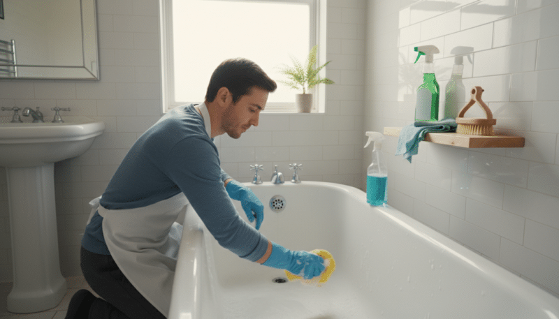 A clean and organized bathroom scene emphasizing thorough cleaning and maintenance. In the foreground, a person in modest casual clothing is scrubbing a bathtub with a sponge and cleaning solution, showcasing focused diligence. The middle ground features organized cleaning supplies, including a spray bottle and microfiber cloths neatly arranged on a small shelf. The background shows sparkling tiles and a well-maintained bathroom with soft, diffused natural light streaming through a frosted window, creating a calm and refreshing atmosphere. The angle is slightly above eye-level, capturing the person's engaged pose while ensuring the space appears inviting and meticulously cared for, evoking a sense of cleanliness and order. A clean and organized bathroom scene emphasizing thorough cleaning and maintenance. In the foreground, a person in modest casual clothing is scrubbing a bathtub with a sponge and cleaning solution, showcasing focused diligence. The middle ground features organized cleaning supplies, including a spray bottle and microfiber cloths neatly arranged on a small shelf. The background shows sparkling tiles and a well-maintained bathroom with soft, diffused natural light streaming through a frosted window, creating a calm and refreshing atmosphere. The angle is slightly above eye-level, capturing the person's engaged pose while ensuring the space appears inviting and meticulously cared for, evoking a sense of cleanliness and order.