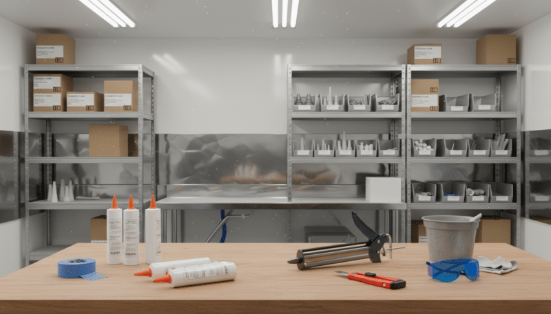 A clean, well-organized workshop environment focused on preparing materials for bathtub silicone sealing. In the foreground, a table is cluttered with essential tools and supplies, including silicone sealant tubes, a caulking gun, and a utility knife. A roll of tape and a small bucket filled with cleaning solution and rags sit nearby. The middle ground shows a well-lit workspace with bright, industrial lighting reflecting off the surfaces, while a few background shelves are stacked with boxes of caulk and silicone accessories. The angle captures the scene from a slightly elevated perspective, giving a comprehensive view of the preparation area, evoking a sense of professionalism and readiness. The atmosphere is bright, focused, and organized, embodying the meticulous process of material selection for successful silicone application.