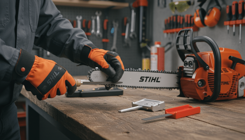 A close-up scene depicting a professional-grade chain saw chain being sharpened on a wooden workbench. In the foreground, a person's hands, wearing protective gloves, carefully hold a file, focused on the chain teeth, demonstrating precise technique and attention to detail. The middle ground features the chain saw with a partially visible body, showcasing its brand design, alongside sharpening tools such as a depth gauge and file guide, all arranged methodically. The background softly blurs a well-organized workshop environment with shelves containing additional tools and safety equipment. The lighting is bright, highlighting the materials and providing a clear view of textures, creating a focused and professional atmosphere, ideal for instructional purposes. A close-up scene depicting a professional-grade chain saw chain being sharpened on a wooden workbench. In the foreground, a person's hands, wearing protective gloves, carefully hold a file, focused on the chain teeth, demonstrating precise technique and attention to detail. The middle ground features the chain saw with a partially visible body, showcasing its brand design, alongside sharpening tools such as a depth gauge and file guide, all arranged methodically. The background softly blurs a well-organized workshop environment with shelves containing additional tools and safety equipment. The lighting is bright, highlighting the materials and providing a clear view of textures, creating a focused and professional atmosphere, ideal for instructional purposes.