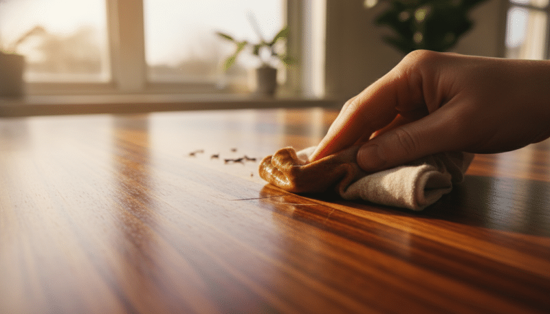 A close-up scene showcasing a wooden furniture surface, emphasizing the careful application of tea to mask scratches. In the foreground, a hand is seen gently dabbing a cloth soaked in brewed tea over a visible scratch, enhancing the texture of the wood. The middle layer features a polished wooden table with rich grains and color variations, demonstrating an effective contrast between damaged and restored areas. In the background, soft natural light filters through a nearby window, creating a warm and inviting atmosphere. The overall mood is one of tranquility and craftsmanship, highlighting a DIY approach to furniture restoration. The framing is tight to focus on the restoration process, avoiding any distracting elements.