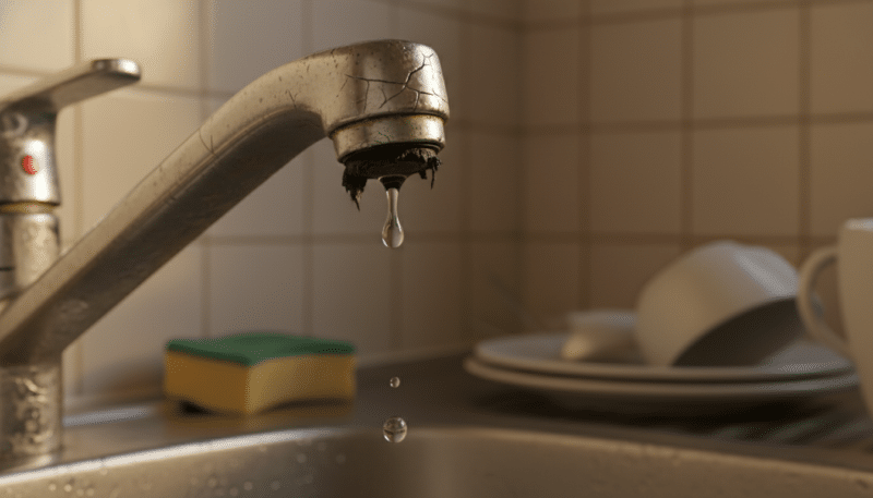 A close-up view of a damaged faucet, showcasing worn-out parts and visible leaks. In the foreground, display the faucet with a focus on the damaged rubber washer and cracked handle, highlighting the textures and details of wear. In the middle ground, include a visible water droplet trickling down, reflecting light. The background should be a softly blurred kitchen sink setting, with warm ambient lighting to create a realistic home atmosphere. Use a slightly angled perspective to emphasize the faucet's features, capturing a sense of urgency and need for repair. The mood should be informative yet relatable, illustrating the common issues faced with household plumbing.