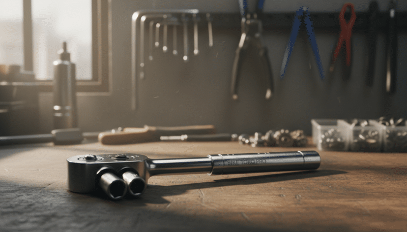 A close-up view of a moment key, meticulously detailed and positioned on a wooden workbench, highlighting its unique features such as the ratcheting mechanism and interchangeable sockets. In the foreground, soft natural light illuminates the key, casting gentle shadows that enhance its metallic sheen. The background features a neatly organized array of bicycle repair tools and spare parts, slightly blurred to emphasize the moment key as the focal point. The atmosphere is one of focus and professionalism, conveying a sense of precision and reliability essential for bike maintenance. The scene is shot with a shallow depth of field, using a 50mm lens to create an intimate and engaging presentation.