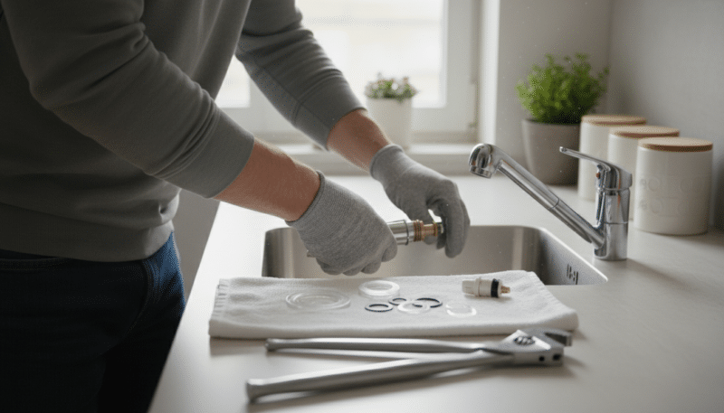 A close-up view of a professional-looking individual in modest casual clothing, skillfully replacing faucet parts in a well-lit kitchen setting. The foreground features detailed tools like a wrench and pliers, alongside faucet components like washers and cartridges. In the middle, the faucet remains partially disassembled, showcasing clear, intricate details of the mechanism. The background shows a clean, organized kitchen with soft, natural light filtering through a window, creating a cheerful and focused atmosphere. The camera angle is slightly above the work surface, allowing for a comprehensive view of the process, highlighting the precision and care involved in the replacement procedure, without any text or distractions.
