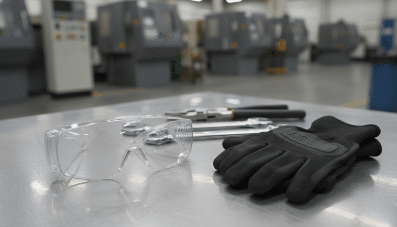 A close-up view of a selection of personal protective equipment (PPE) including safety goggles and gloves prominently displayed on a clean workbench. In the foreground, focus on high-quality goggles reflecting soft overhead lighting and durable, textured gloves arranged beside them. In the middle ground, a variety of tools like pliers and wrenches are subtly placed, hinting at their importance while emphasizing the need for protection. The background features a blurred industrial setting with faint outlines of machinery, creating an atmospheric feel of a safe workplace. The lighting is bright yet soft, highlighting the PPE's clarity and effectiveness. Convey a sense of professionalism and urgency in safety, underscoring that these items are essential for protection in any operational environment.