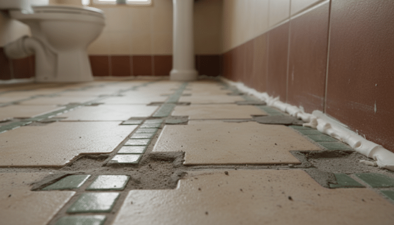 A close-up view of a tiled bathroom floor showcasing various mistakes in grouting ceramic tiles. The foreground features uneven, crumbling grout lines, with some grout missing and others overly smeared. Different tile sizes and colors create an uncoordinated look. The middle section captures the transition between the tiles and caulk, highlighting gaps and inconsistent application. Subtle water stains and dust accentuate neglect. The background includes a softly lit bathroom environment, with warm-toned lighting to enhance the details of the grout and tiles. The image is shot at a slight angle to provide depth, evoking a mood of disarray and the importance of proper tile grouting techniques.