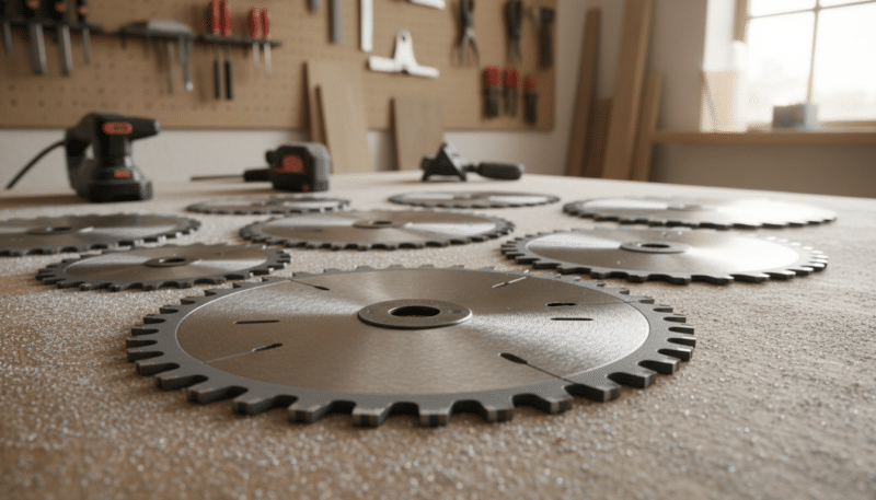 A close-up view of circular saw blades specifically designed for laminate cutting, showcasing their precision teeth and sharp edges. The foreground features a shiny, high-quality blade resting on a wooden workbench, with fine dust particles highlighting the surface. In the middle ground, an assortment of various saw blades in different sizes and configurations, with glints reflecting from their steel surfaces. The background is softly blurred, depicting a well-organized workshop filled with wood materials and tools, subtly lit by warm, ambient lighting, creating a focused yet inviting atmosphere. The angle is slightly tilted to emphasize the details of the saw blades while maintaining clarity and a professional appearance, ideal for woodworking enthusiasts.