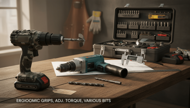 A close-up view of various types of drills arranged neatly on a wooden workbench. In the foreground, feature a battery-powered drill and an electric drill, highlighting their key specifications: ergonomic grips, adjustable torque settings, and varying drill bit sizes. The middle ground includes measurement tools like a ruler and a caliper, emphasizing precision. In the background, a well-organized toolbox filled with drill accessories and safety gear creates a workshop atmosphere. Soft, diffused lighting casts gentle shadows, adding depth to the scene. The overall mood is practical and informative, aiming to evoke a sense of DIY readiness and professionalism, suitable for home repair enthusiasts. A close-up view of various types of drills arranged neatly on a wooden workbench. In the foreground, feature a battery-powered drill and an electric drill, highlighting their key specifications: ergonomic grips, adjustable torque settings, and varying drill bit sizes. The middle ground includes measurement tools like a ruler and a caliper, emphasizing precision. In the background, a well-organized toolbox filled with drill accessories and safety gear creates a workshop atmosphere. Soft, diffused lighting casts gentle shadows, adding depth to the scene. The overall mood is practical and informative, aiming to evoke a sense of DIY readiness and professionalism, suitable for home repair enthusiasts.