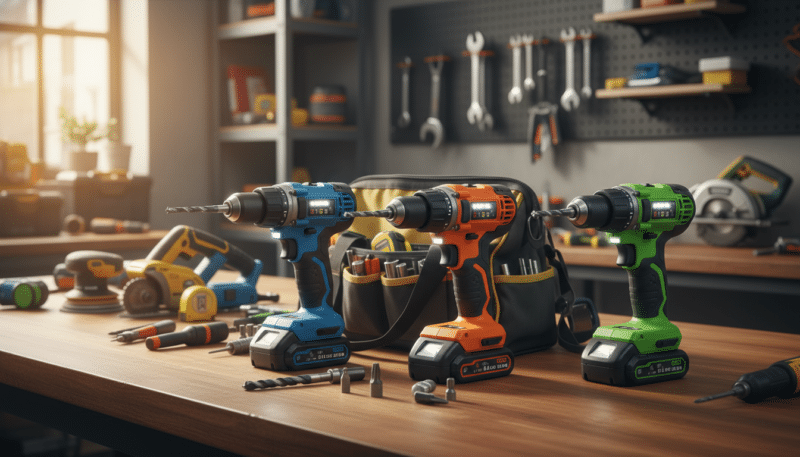A collection of professional impact drills arranged neatly on a wooden workbench in a well-lit workshop environment. The foreground features three high-quality cordless drills in vibrant colors, showcasing detailed features like LED lights, ergonomic grips, and various drill bits. In the middle, display a rugged tool bag partially open, revealing additional accessories and power tools. The background shows a blurred yet recognizable workshop setting with tools hanging on the wall, shelves filled with equipment, and tools scattered around, creating a sense of activity. The lighting is bright and natural, highlighting the metallic textures and colors of the drills, creating an atmosphere of professionalism and readiness for home repairs. The camera angle is slightly overhead, providing a clear view of the drills and the work environment. A collection of professional impact drills arranged neatly on a wooden workbench in a well-lit workshop environment. The foreground features three high-quality cordless drills in vibrant colors, showcasing detailed features like LED lights, ergonomic grips, and various drill bits. In the middle, display a rugged tool bag partially open, revealing additional accessories and power tools. The background shows a blurred yet recognizable workshop setting with tools hanging on the wall, shelves filled with equipment, and tools scattered around, creating a sense of activity. The lighting is bright and natural, highlighting the metallic textures and colors of the drills, creating an atmosphere of professionalism and readiness for home repairs. The camera angle is slightly overhead, providing a clear view of the drills and the work environment.