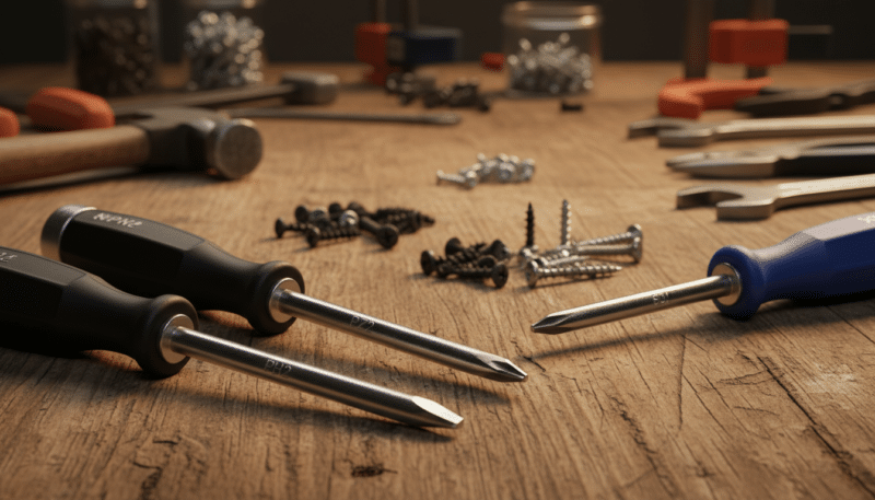A collection of standard screwdriver types displayed artistically on a wooden workbench. In the foreground, there are three distinct screwdrivers with visible markings: a Phillips (PH) head with a cross-shaped tip, a Pozidriv (PZ) head with extra cross cuts, and a Torx head featuring a star-like design. Each screwdriver is polished, reflecting soft ambient light, and highlighting their details. In the middle ground, assorted screws of various sizes complement the screwdrivers, showcasing their compatibility. The background is out of focus, revealing a blurred workshop environment with tools and hardware that evoke a skilled craftsmanship atmosphere. The lighting is warm and inviting, giving the scene a professional yet approachable feel. A collection of standard screwdriver types displayed artistically on a wooden workbench. In the foreground, there are three distinct screwdrivers with visible markings: a Phillips (PH) head with a cross-shaped tip, a Pozidriv (PZ) head with extra cross cuts, and a Torx head featuring a star-like design. Each screwdriver is polished, reflecting soft ambient light, and highlighting their details. In the middle ground, assorted screws of various sizes complement the screwdrivers, showcasing their compatibility. The background is out of focus, revealing a blurred workshop environment with tools and hardware that evoke a skilled craftsmanship atmosphere. The lighting is warm and inviting, giving the scene a professional yet approachable feel.