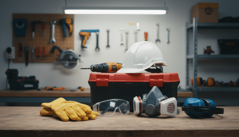 A complete set of personal protective equipment displayed in a well-lit workshop setting. In the foreground, showcase a pair of sturdy safety gloves, protective goggles, and a high-quality respirator mask arranged neatly on a wooden workbench. The middle ground features additional gear, including a hard hat and ear protection, with tools like a drill and saw in the background. Use soft, diffused lighting to enhance the safety gear's colors, creating a professional and clean atmosphere. Capture the scene from a slightly elevated angle to provide a comprehensive view of the equipment. The overall mood is serious and focused, emphasizing the importance of safety in the workplace.