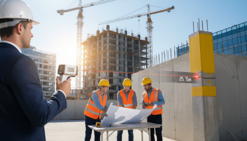 A construction site featuring a modern laser distance measurer in action, held by a professional in business attire. In the foreground, the laser device points towards a marked structure, highlighting its precise measurement capabilities. The middle ground showcases workers in safety gear, measuring and discussing plans with blueprints spread out on a nearby table, emphasizing teamwork and efficiency. In the background, tall scaffolding and cranes symbolize a bustling construction environment under a clear blue sky. The scene is well-lit, capturing the sun's rays reflecting off the tools and structures, creating a sense of productivity and innovation. The atmosphere is vibrant and focused, illustrating the practical applications of laser distance tools in construction projects.
