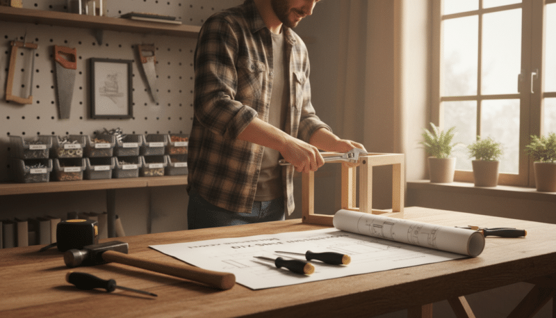 A cozy, well-lit home workshop scene featuring a neatly organized basic toolkit spread out on a wooden workbench. In the foreground, various essential tools including a hammer, screwdriver, pliers, and measuring tape are artfully arranged alongside a blueprint for a small home repair project. The middle of the image shows a focused individual in modest casual clothing, demonstrating a repair technique or examining a tool, highlighting the theme of DIY repairs. The background reveals shelves filled with storage bins for screws and nails, and an open window allowing soft natural light to stream in, creating a warm and inviting atmosphere. The overall mood is encouraging and practical, inspiring a sense of empowerment in home improvement.