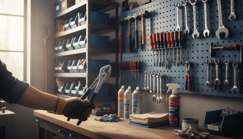 A detailed close-up image of a well-organized garage workshop featuring various tools arranged thoughtfully on a wall-mounted pegboard. In the foreground, a hand reaches for a pair of sturdy pliers, showing proper care and maintenance techniques. The middle layer includes a workbench cluttered with essential maintenance supplies like lubricants, cloths, and rust-prevention sprays. The background highlights shelves filled with neatly labeled toolboxes and spare parts. Soft, natural light filters through a window, creating a warm and inviting atmosphere. The scene conveys a sense of practicality and professionalism, embodying the essence of tool maintenance and care.