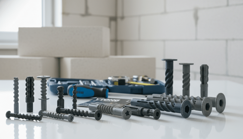 A detailed display of various special dowels designed for aerated concrete, prominently featuring Ytong materials. In the foreground, several types of dowels are organized on a clean, white surface, showcasing their unique designs and features, such as ribbed bodies and varying lengths. The middle ground includes a soft-focus tool kit with a screwdriver and measuring tape to suggest application. In the background, a blurred construction site with light gray aerated concrete blocks creates context. The lighting is bright and even, mimicking natural daylight to enhance visibility of the dowels' textures. Capture a professional, informative atmosphere, suitable for educational purposes, emphasizing precision and quality in construction materials. A detailed display of various special dowels designed for aerated concrete, prominently featuring Ytong materials. In the foreground, several types of dowels are organized on a clean, white surface, showcasing their unique designs and features, such as ribbed bodies and varying lengths. The middle ground includes a soft-focus tool kit with a screwdriver and measuring tape to suggest application. In the background, a blurred construction site with light gray aerated concrete blocks creates context. The lighting is bright and even, mimicking natural daylight to enhance visibility of the dowels' textures. Capture a professional, informative atmosphere, suitable for educational purposes, emphasizing precision and quality in construction materials.