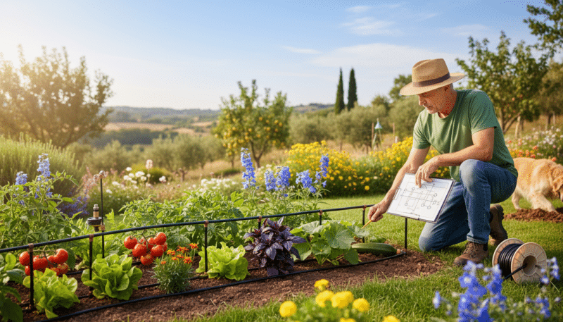 A detailed garden layout illustrating the planning of a drip irrigation system. In the foreground, a well-organized garden bed with vibrant vegetables and flowers is depicted, with a clear layout of irrigation tubes and emitters visibly arranged. In the middle ground, a knowledgeable gardener, wearing modest casual attire, carefully inspects the soil and plans the installation, using a clipboard with a layout diagram. The background features lush greenery, trees, and a bright blue sky, creating a feeling of openness and productivity. Soft, natural lighting enhances the colors and textures of the garden, while a shallow depth of field focuses attention on the gardener and the irrigation system, conveying a sense of purpose and optimism in sustainable gardening practices.