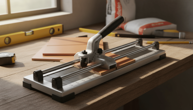 A detailed hand tile cutter on a workbench, showcasing its features such as a sturdy base, sharp cutting blade, and adjustable handle. In the foreground, focus on the cutter with a slight perspective to highlight the precision of its design. In the middle ground, a few partially cut ceramic tiles are arranged to demonstrate its application. Background elements include a soft-focus workshop setting with tools and a work surface, subtly lit by warm, natural light flowing through a nearby window. The atmosphere conveys a sense of craftsmanship and determination, emphasizing the importance of choosing the right tools for tile cutting. Capture this scene from a slightly elevated angle to provide depth and context, while ensuring clarity in the cutter’s mechanics.