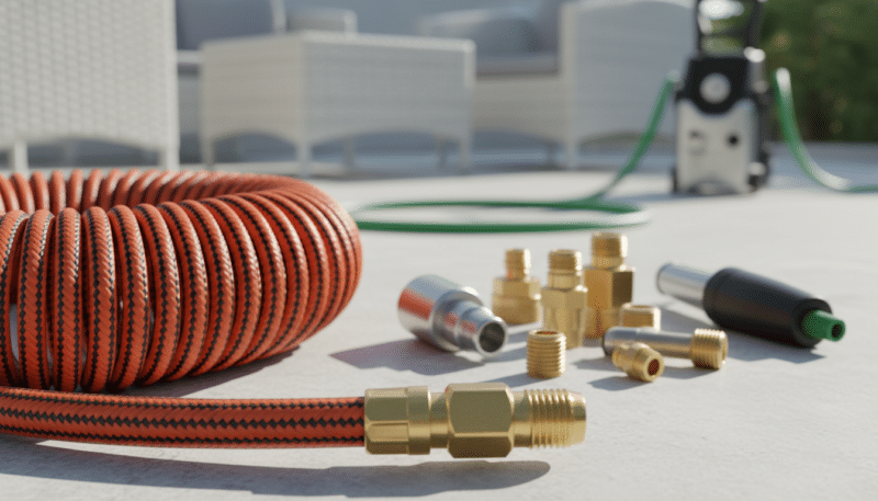 A detailed, high-quality image of a pressure washer extension hose, showcasing its compatibility with various connectors. The foreground features a coiled extension hose with vibrant colors, textured details, and a universal connector visibly attached. In the middle, a range of compatible attachments and fittings, such as quick connect and threaded connectors, is arranged neatly against a smooth surface. The background should be set in a clean, well-lit outdoor environment, hinting at a pressure washing scenario, perhaps with blurred hints of patio furniture or garden tools. The lighting is bright and natural, creating an inviting atmosphere. The angle of the shot captures all elements clearly, focusing on the functionality and versatility of the hose system without any distractions.