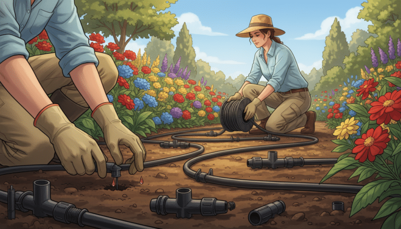 A detailed illustration of a drip irrigation system installation in a vibrant garden setting. In the foreground, several drip emitters are shown being installed into the soil, with a close-up of the connectors and tubing. The middle ground features a well-maintained flower bed with colorful plants, while a person in professional casual attire kneels nearby, methodically setting up the irrigation lines. In the background, lush green trees and a sunny blue sky create a serene atmosphere. Soft sunlight bathes the scene, casting gentle shadows. The angle captures the intricate details of the system and the gardening process, emphasizing the precision and care involved in setting up efficient irrigation.