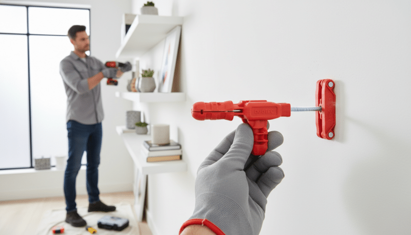 A detailed image of a Fisher DuoTec tiple being used to mount shelves on a drywall surface. In the foreground, show a close-up of the bright red tiple, emphasizing its unique design with sturdy plastic and metal components. The middle ground should depict a professional-looking installer, dressed in smart casual attire, confidently using a power drill to secure the tiple into the drywall, confirming its correct installation. The background features a well-lit, modern room with white drywall and neatly arranged shelves displaying decorative items, giving a sense of organization and cleanliness. The atmosphere should feel practical and focused, with soft, natural lighting creating an inviting yet professional workspace.