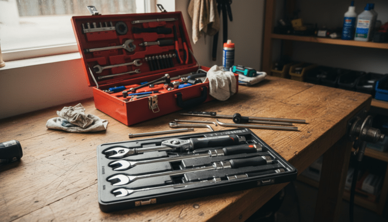 A detailed moment wrench set on a wooden workbench, showcasing a variety of sizes and types, with a focus on a high-quality torque wrench. The background features a well-organized toolbox filled with bicycle repair tools, emphasizing the idea of precision and safety during bike maintenance. Soft, natural lighting filters in from a nearby window, casting gentle shadows and highlighting the metallic sheen of the tools. The overall atmosphere is one of professionalism, suggesting a carefully curated workspace dedicated to bicycle repair. Angle the scene slightly from above to capture the tools' details and surroundings, inviting the viewer to appreciate the importance of using the right tools for effective and safe bicycle maintenance.