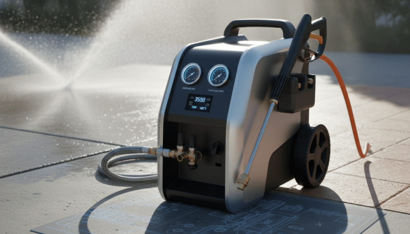 A detailed technical specification illustration of a high-performance pressure washer. In the foreground, showcase the pressure washer itself, emphasizing its sleek, modern design with visible gauges displaying pressure levels in PSI and flow rate in GPM. In the middle ground, provide a blurred background of various cleaning surfaces, like a concrete driveway and patio tiles, showing water spray in action to highlight effectiveness. The lighting should be bright and natural, suggesting an outdoor setting, with the sun shining from one side to create dynamic shadows. An angled perspective, focusing on the pressure washer, conveys the power and efficiency of the machine, evoking a professional and efficient mood suitable for technical analysis.