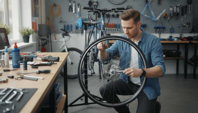 A dynamic scene showcasing a bicycle repair moment focusing on the practical demonstration of using a moment key. In the foreground, a skilled mechanic, dressed in smart casual attire, is intently working on a bicycle’s wheel, with a moment key prominently featured in hand. The mechanic's tools are neatly arranged on a nearby workbench, highlighting a clean and organized workshop environment. In the middle ground, a well-lit bicycle repair station surrounded by various tools, with muted colors creating a professional atmosphere. The background subtly includes bike parts and a wall filled with tool hangers, emphasizing the repair context. The lighting is bright yet soft, capturing the focused determination and technical skill involved in bicycle maintenance. The angle is slightly elevated, giving a comprehensive view of the action while maintaining prominence on the moment key being utilized.