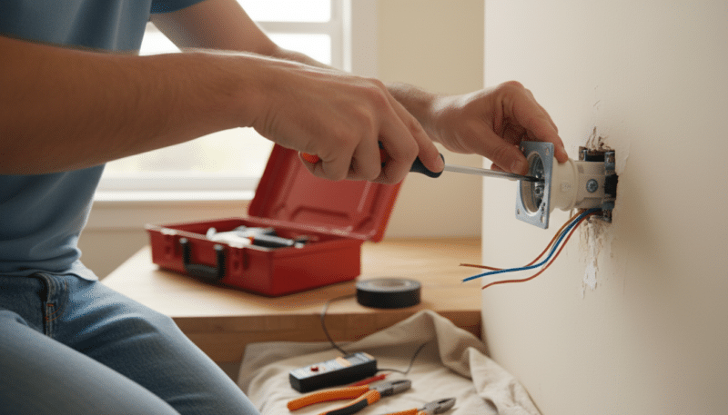 A focused and well-lit interior scene showing an electrician in modest casual clothing diligently dismantling an old electrical outlet from the wall. The foreground features a close-up view of the electrician's hands using a screwdriver to remove the socket cover, with small electrical tools like pliers and a voltage tester placed neatly nearby. In the middle ground, the wall reveals exposed wiring and screws, emphasizing the task at hand. The background subtly displays a partially open toolbox and a roll of electrical tape on a table, contributing to the DIY atmosphere. Soft, natural lighting illuminates the space, creating a warm and inviting mood, ideal for a beginner's guide on home improvement.