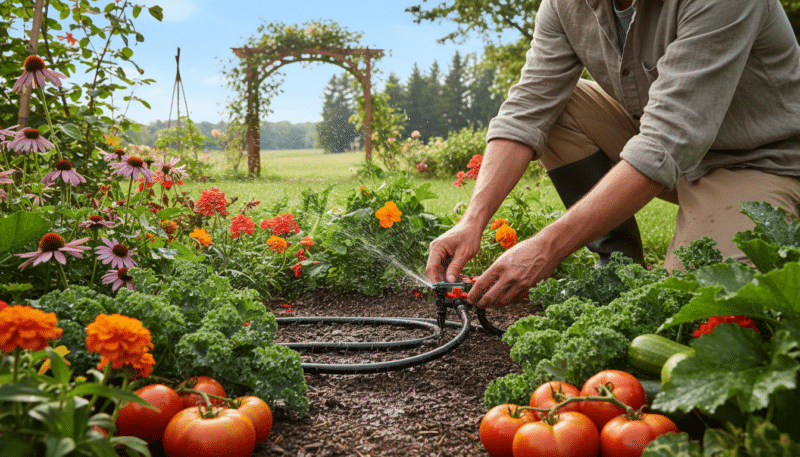 A gardener in a modest outfit adjusts a drip irrigation system in a lush backyard garden, focusing on the valves and tubing. In the foreground, a colorful array of blooming flowers and healthy vegetable plants showcase the effectiveness of the irrigation. The middle ground reveals the intricately laid hoses, glistening with water droplets. In the background, a clear blue sky and distant trees provide a serene atmosphere. Soft sunlight filters through the leaves, casting gentle shadows on the ground. The angle captures the gardener’s hands delicately handling the system, emphasizing attention to detail and care in maintenance. The overall mood is calm and productive, promoting the idea of self-sufficient gardening.