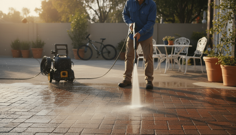 A high-performance pressure washer in action, surrounded by various surfaces being cleaned. In the foreground, the shiny nozzle of the pressure washer is aimed at a stubborn stain on a brick patio, with water droplets in mid-air catching the sunlight, creating a sparkling effect. In the middle ground, a professional in modest casual attire is holding the pressure washer, showcasing focused determination. The background features a clean driveway and a variety of outdoor items, such as garden furniture and a bike, demonstrating the versatility of the washer. The scene is illuminated by soft, natural sunlight, casting gentle shadows, evoking a mood of efficiency and satisfaction as the washer enhances not just performance, but also longevity.