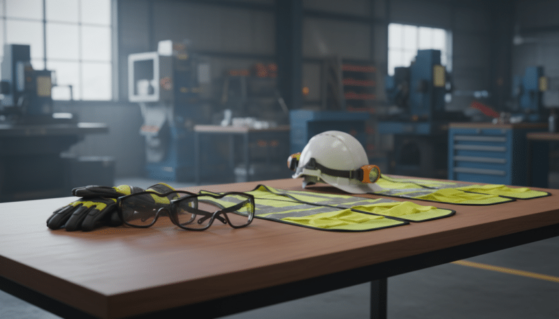 A modern workspace showcasing high-quality personal protective equipment (PPE) arranged on a polished wooden table. In the foreground, prominently display a pair of protective goggles and durable work gloves, each with intricate details like reinforced materials and ergonomic design. The middle layer features a variety of advanced safety gear, including a hard hat and reflective vests, intricately designed to highlight their innovative features. The background is softly blurred, showing a well-lit industrial environment with machinery and tools, emphasizing the importance of safety in a working context. Use natural lighting to create a warm and professional atmosphere, with a focus on clarity and a slight depth of field to draw attention to the PPE. The overall mood is one of safety, professionalism, and modern technology in protective gear.