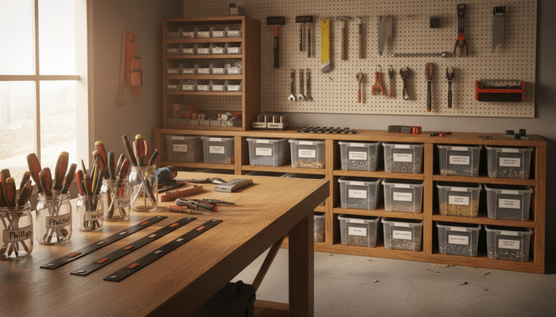 A neatly organized workshop scene showcasing smart storage solutions for small tools and screws. In the foreground, display a wooden workbench cluttered with various sizes of screwdrivers and pliers in clearly labeled jars and magnetic strips. In the middle ground, shelves filled with clear bins containing an array of screws, nuts, and bolts, all sorted by size and type. The background should feature a well-lit pegboard displaying additional tools hung neatly with hooks. The atmosphere is inviting and functional, with warm lighting that highlights the organization and accessibility of tools, captured from a slightly elevated angle to encompass the entire setup. No people are present in the scene, ensuring a focus on the storage solutions. A neatly organized workshop scene showcasing smart storage solutions for small tools and screws. In the foreground, display a wooden workbench cluttered with various sizes of screwdrivers and pliers in clearly labeled jars and magnetic strips. In the middle ground, shelves filled with clear bins containing an array of screws, nuts, and bolts, all sorted by size and type. The background should feature a well-lit pegboard displaying additional tools hung neatly with hooks. The atmosphere is inviting and functional, with warm lighting that highlights the organization and accessibility of tools, captured from a slightly elevated angle to encompass the entire setup. No people are present in the scene, ensuring a focus on the storage solutions.