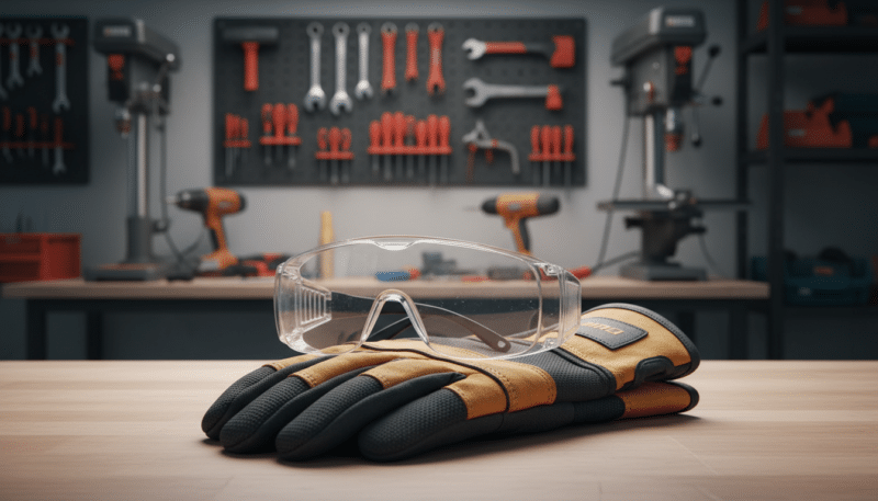 A pair of safety glasses and gloves prominently displayed in the foreground, with a soft-focus background of a well-organized workshop filled with tools and machinery, illustrating a safe working environment. The glasses should have a clear lens and anti-fog coating, while the gloves are durable and flexible, showcasing their importance in protective gear. The lighting is bright and even, casting a warm glow on the safety equipment to highlight their features. The angle is slightly above eye level, giving a perspective that emphasizes the readiness for work. The overall mood is professional and serious, focusing on the essential nature of protective gear in the workplace. No text or branding included.