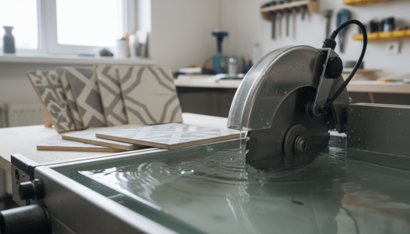 A precise water saw designed for tile cutting, showcased prominently in the foreground. The saw, gleaming with polished metal and sharp diamond blade, is partially submerged in a clear water basin, where gentle ripples form around it. In the middle ground, freshly cut ceramic tiles are artfully arranged, highlighting the clean, precise edges achieved by the saw. The background features a well-lit workshop environment with soft, natural light pouring in from a nearby window, casting serene reflections on the water surface. The overall mood is one of professionalism and craftsmanship, emphasizing the intricate process of wet cutting tiles. The composition is sharp and focused, resembling a close-up shot captured with a macro lens to accentuate details without any text or distractions.