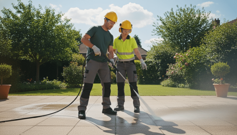 A professional male and female worker in safety gear, including goggles and gloves, are demonstrating safe pressure washing techniques in a residential backyard. The foreground shows the workers focused on using a pressure washer to clean a patio, showcasing their careful posture and attention to safety. In the middle, there is a well-maintained patio area with dirt and grime being blasted away, illustrating the effectiveness of pressure washing. The background features a lush garden with trees and a blue sky, creating a bright and inviting atmosphere. Soft sunlight illuminates the scene, enhancing details and creating dynamic shadows. The overall mood is one of responsibility and professionalism, highlighting the importance of safety measures while cleaning with a pressure washer.