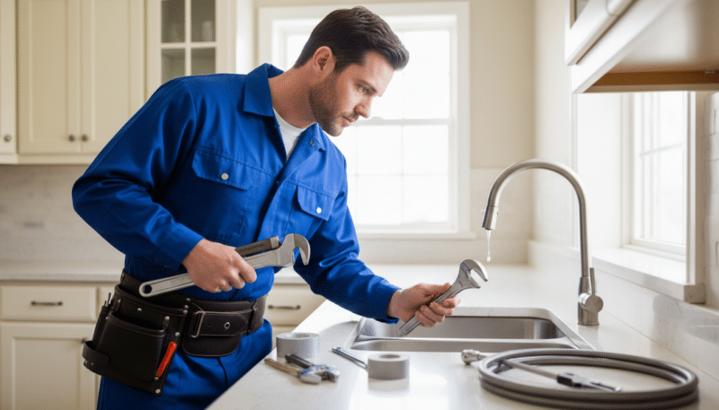 A professional plumber in a clean, well-lit kitchen examining a leaky faucet. The plumber, wearing a blue uniform and tool belt, is focused on the faucet, which is dripping water. Surrounding them are tools such as a wrench and plumber's tape placed neatly on the counter. In the background, a subtle view of domestic kitchen elements like cabinets and a sink enhances the setting. Soft, natural light streams through a nearby window, creating a warm and inviting atmosphere. The angle is slightly above eye level, capturing the plumber's concentration and the details of the faucet while emphasizing the importance of skilled help in plumbing repairs.