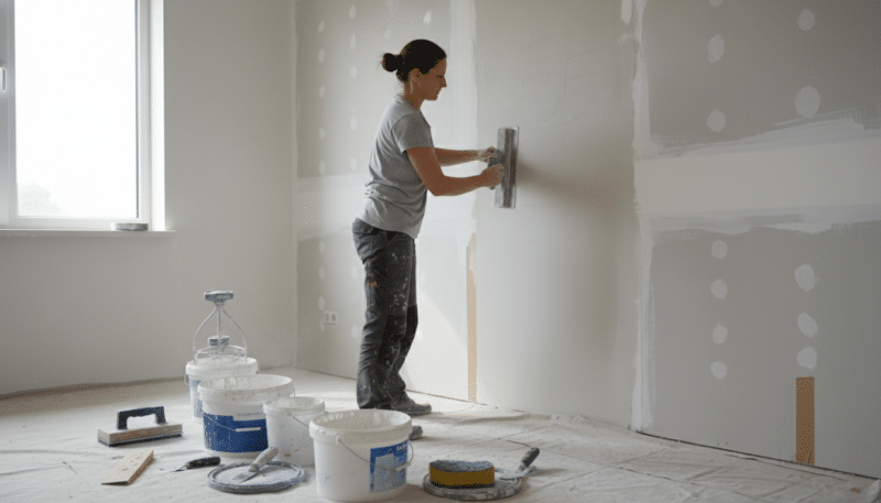 A professional tradesperson demonstrating wall smoothing techniques in a bright, well-lit room. In the foreground, the person, dressed in modest casual attire, holds a trowel against a freshly plastered wall, showcasing the process of gletovanje. The middle ground features various tools such as a sanding bloc, buckets of joint compound, and a sponge, creating an organized workspace. In the background, there are partially finished walls, hinting at the transition from rough surfaces to smooth finishes. The natural light from a nearby window casts soft shadows, enhancing the textures of the wall and tools. The mood conveys focus and diligence, reflecting the careful attention required for proper wall preparation.