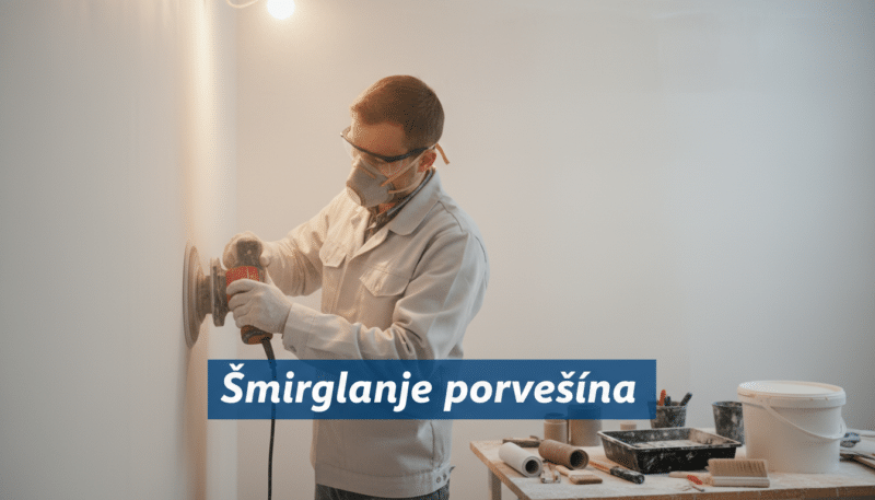 A skilled worker in professional attire meticulously sanding a smooth wall surface with an electric sander, showcasing the process of "Šmirglanje površina". The foreground features the worker focused on the task, with clear details of the sander, dust particles visibly floating in the air, reflecting soft overhead lighting. In the middle ground, a freshly gessoed wall awaits final treatment, emphasizing the importance of a smooth finish. The background includes tools such as sandpaper, brushes, and a paint bucket, arranged in a tidy workspace. The atmosphere is industrious yet calm, highlighting the precision and care involved in wall preparation for painting. The angle captures the action from slightly below eye level, adding depth to the composition.