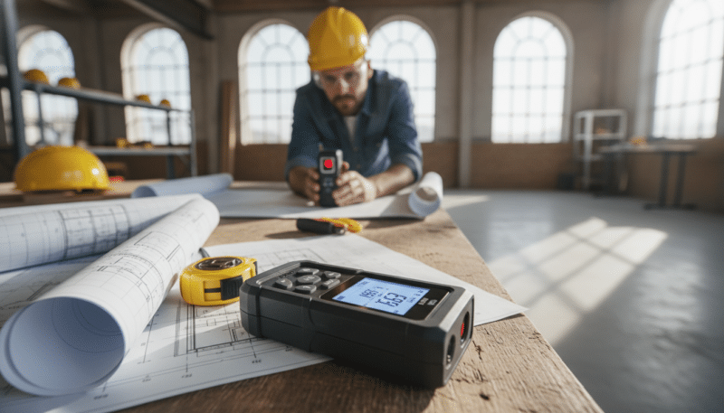 A sleek, modern laser distance measurer prominently displayed in the foreground, showcasing its digital screen and buttons. The device is set against a wooden construction workspace, surrounded by blueprints and measuring tape. In the middle ground, a soft-focus view shows a professional in a hard hat and safety goggles, examining plans while holding the laser measurer, emphasizing its practical application in construction. The background features a bright, airy workshop with natural light filtering through large windows, creating a productive atmosphere. The scene captures the precise, advanced technology of the laser measurer, highlighting its essential role in modern measurement techniques. The overall mood is focused and professional, conveying efficiency and reliability in construction projects.