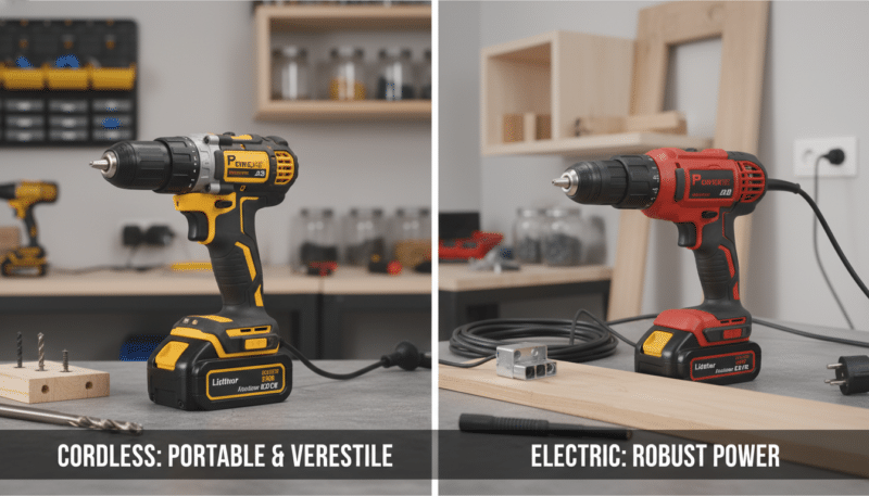 A split-screen comparison of cordless and electric drills. On the left, a sleek, modern cordless drill with a rechargeable battery, displaying its ergonomic grip and highlighting its versatility. On the right, a robust electric drill plugged into an outlet, showcasing its sturdy build and power. In the background, a well-lit workshop scene with various tools and materials scattered about, creating an atmosphere of DIY home repairs. Soft, even lighting enhances the details of both drills, and a shallow depth of field focuses on the tools while slightly blurring the background. The mood is practical and informative, ideal for illustrating a performance comparison. A split-screen comparison of cordless and electric drills. On the left, a sleek, modern cordless drill with a rechargeable battery, displaying its ergonomic grip and highlighting its versatility. On the right, a robust electric drill plugged into an outlet, showcasing its sturdy build and power. In the background, a well-lit workshop scene with various tools and materials scattered about, creating an atmosphere of DIY home repairs. Soft, even lighting enhances the details of both drills, and a shallow depth of field focuses on the tools while slightly blurring the background. The mood is practical and informative, ideal for illustrating a performance comparison.