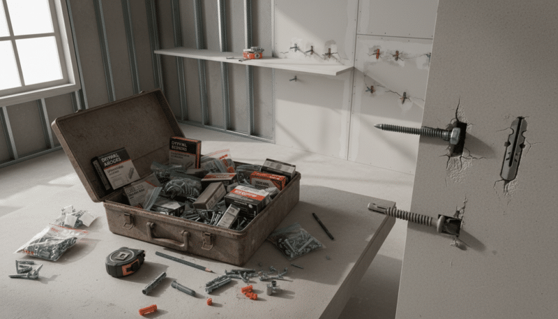 A visually striking image illustrating common mistakes in screw and anchor installation. In the foreground, a close-up of incorrectly installed screws with mismatched anchors, emphasizing poor alignment and improper depth. The middle ground features a toolbox scattered with various screws and anchors, some labeled incorrectly, adding to the sense of confusion. The background shows a partially constructed wall with visible misalignments and gaps, highlighting the consequences of these mistakes. Soft, natural lighting illuminates the scene, creating a realistic atmosphere. The lens is focused to capture intricate details, showcasing textures of metal and wall materials, while a high-angle shot adds perspective. The overall mood conveys a sense of urgency and caution, perfect for a practical guide on construction techniques. A visually striking image illustrating common mistakes in screw and anchor installation. In the foreground, a close-up of incorrectly installed screws with mismatched anchors, emphasizing poor alignment and improper depth. The middle ground features a toolbox scattered with various screws and anchors, some labeled incorrectly, adding to the sense of confusion. The background shows a partially constructed wall with visible misalignments and gaps, highlighting the consequences of these mistakes. Soft, natural lighting illuminates the scene, creating a realistic atmosphere. The lens is focused to capture intricate details, showcasing textures of metal and wall materials, while a high-angle shot adds perspective. The overall mood conveys a sense of urgency and caution, perfect for a practical guide on construction techniques.