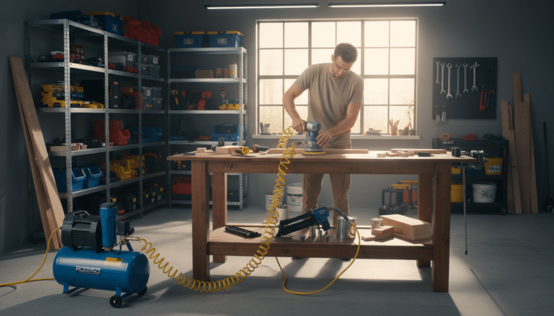 A well-lit home workshop featuring various pneumatic tools powered by a compressor, emphasizing their practical use in household tasks. In the foreground, show an air compressor with hoses leading to different pneumatic tools like a nail gun, spray painter, and impact wrench, illustrating their connections. In the middle, include a neatly organized workbench with tool accessories and project materials, along with a man in modest casual clothing, actively demonstrating the use of a pneumatic tool. In the background, display shelves filled with tools, organized and well-maintained, with natural light streaming in through a window. The overall atmosphere should be professional yet inviting, capturing the advantages of using a compressor in a home workshop setting.