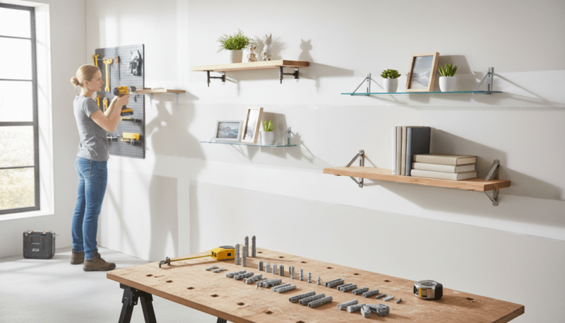 A well-lit interior scene showcasing practical examples of mounting shelves on gypsum board walls. In the foreground, a close-up of different types of wall anchors and brackets laid out neatly on a workbench, accompanied by a screwdriver and a measuring tape. The middle ground features a well-finished gypsum wall with various mounted shelves displaying decorative items, highlighting safe installation practices. In the background, a professional installer in modest casual clothing is using a power drill to secure a shelf, showcasing expertise and focus. The atmosphere is bright and informative, with natural daylight streaming in through a window, enhancing the professionalism of the workspace. The angle is slightly elevated, providing a comprehensive view of the mounting process.
