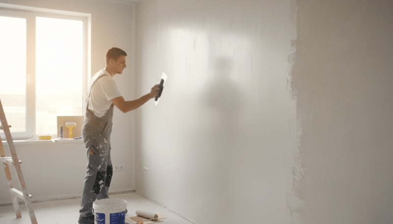 A well-lit interior space showcasing a freshly gletovan wall, with a smooth, even texture reflecting soft light. In the foreground, a professional tradesperson, dressed in neat work attire, is expertly applying the finishing touches of the gletovanje process with a trowel, demonstrating precision and skill. The middle ground features a large, partially gletovan wall that showcases both the smooth surface and a glimpse of a rough preparatory section nearby, emphasizing the contrast between the two stages. The background reveals basic painting tools like a paint roller and sandpaper, neatly arranged, with warm, natural light streaming through a window, creating an inviting and productive atmosphere for wall preparation. The overall mood is focused and professional, highlighting craftsmanship and attention to detail.