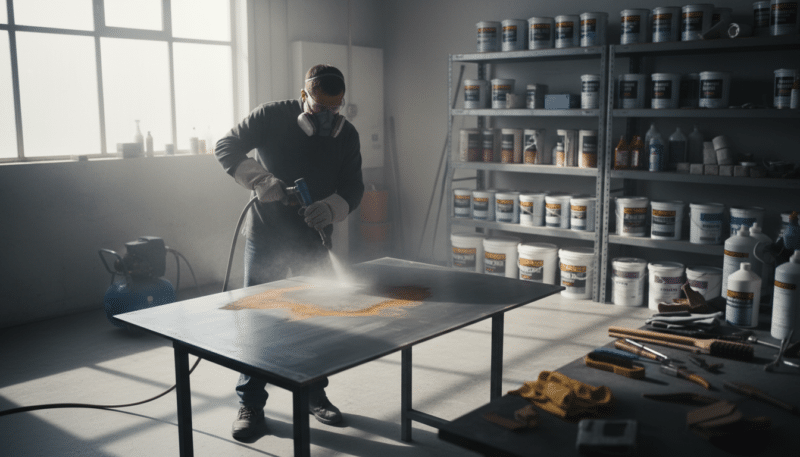 A well-lit workshop scene focusing on a metal surface being prepared for painting. In the foreground, a professional wearing safety goggles and gloves carefully uses a sandblaster to remove rust from a large steel panel, showcasing the importance of proper rust removal techniques. The middle layer reveals various tools like wire brushes, sandpaper, and chemical rust removers organized neatly on a workbench, emphasizing the meticulous nature of surface preparation. In the background, shelves filled with paint cans and protective coatings hint at the next steps in metal treatment. The atmosphere is industrious and focused, with natural light streaming through windows, casting soft shadows, creating a sense of professionalism and care in metal maintenance. A well-lit workshop scene focusing on a metal surface being prepared for painting. In the foreground, a professional wearing safety goggles and gloves carefully uses a sandblaster to remove rust from a large steel panel, showcasing the importance of proper rust removal techniques. The middle layer reveals various tools like wire brushes, sandpaper, and chemical rust removers organized neatly on a workbench, emphasizing the meticulous nature of surface preparation. In the background, shelves filled with paint cans and protective coatings hint at the next steps in metal treatment. The atmosphere is industrious and focused, with natural light streaming through windows, casting soft shadows, creating a sense of professionalism and care in metal maintenance.
