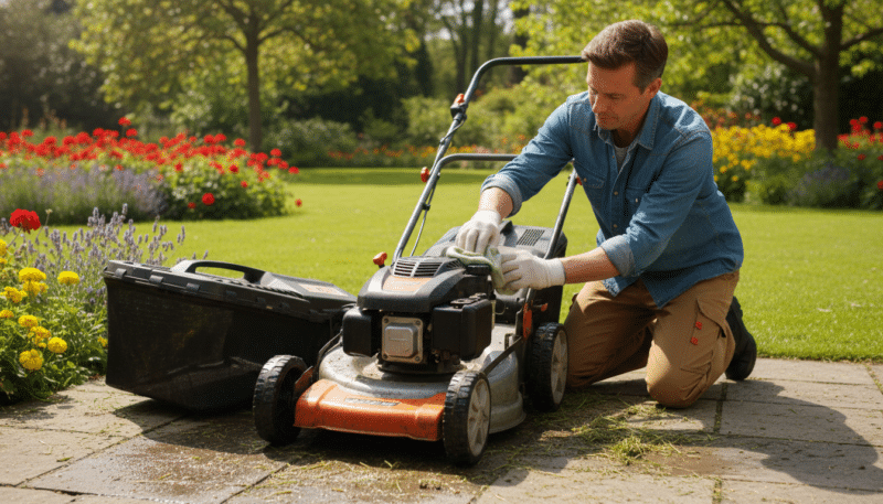 A well-maintained lawnmower being cleaned in a bright, sunlit garden. In the foreground, a person in casual work attire, wearing gloves, is carefully wiping down the mower's engine and chassis with a cloth. The middle layer includes the mower itself, showing detailed textures of metal and plastic parts, with grass clippings and dirt scattered around. The background features a vibrant green lawn and blooming flowers, creating a fresh, inviting atmosphere. Soft sunlight filters through leafy trees, casting gentle shadows. The image captures a sense of preparation and diligence, emphasizing the importance of maintaining garden equipment for the upcoming season. The angle is slightly elevated, providing an overview that highlights both the subject and the environment. A well-maintained lawnmower being cleaned in a bright, sunlit garden. In the foreground, a person in casual work attire, wearing gloves, is carefully wiping down the mower's engine and chassis with a cloth. The middle layer includes the mower itself, showing detailed textures of metal and plastic parts, with grass clippings and dirt scattered around. The background features a vibrant green lawn and blooming flowers, creating a fresh, inviting atmosphere. Soft sunlight filters through leafy trees, casting gentle shadows. The image captures a sense of preparation and diligence, emphasizing the importance of maintaining garden equipment for the upcoming season. The angle is slightly elevated, providing an overview that highlights both the subject and the environment.
