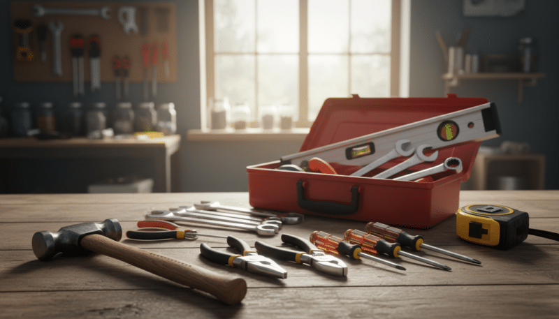 A well-organized selection of essential hand tools for home improvement, prominently displayed on a wooden workbench. In the foreground, a sturdy hammer, a set of screwdrivers, pliers, and a tape measure are arranged neatly, showcasing their sturdy handles and metallic finishes. The middle ground reveals a toolbox partially open, exposing more tools like wrenches and a level. The background features a soft-focus view of a cozy workshop with warm, natural lighting filtering in from a window, casting gentle shadows. The mood is inviting and practical, emphasizing readiness and craftsmanship, perfect for a home improvement setting. No text or distractions; focus solely on the tools and workspace ambiance.