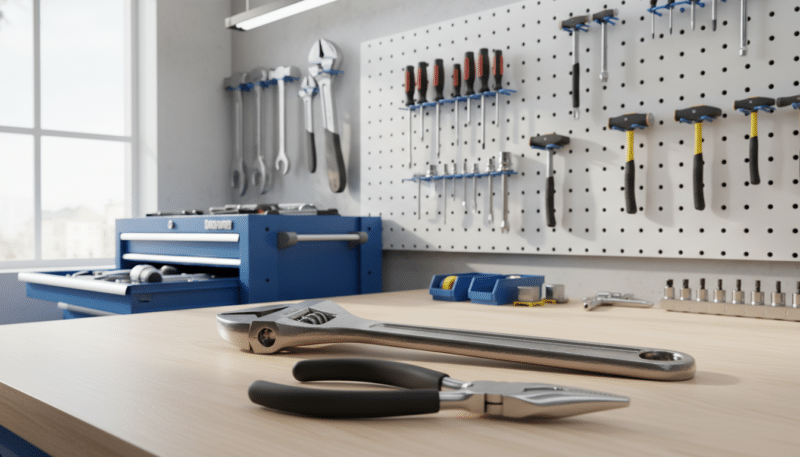 A well-organized workshop scene featuring various hand tools and machines in a clean, brightly lit environment. In the foreground, a pair of pliers and a wrench are placed on a workbench, showing a protective coating against rust. The middle ground showcases a neatly arranged set of tools hung on a pegboard, with a glossy finish highlighting their corrosion-resistant surfaces. In the background, a toolbox is partially open, displaying additional tools protected from rust. The lighting is bright and inviting, creating a professional yet approachable atmosphere. The image should evoke a sense of diligence and care in tool maintenance, emphasizing the importance of rust prevention in extending the lifespan of machinery. No text overlays or branding should be present.