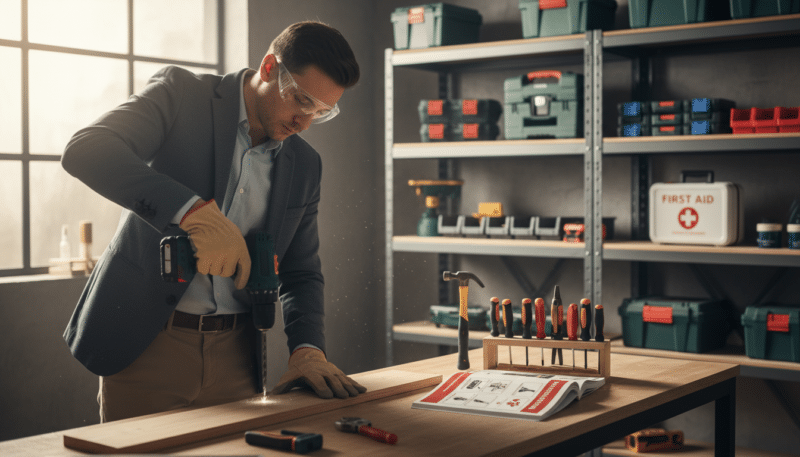 A well-organized workshop scene illustrating the importance of safety when using tools. In the foreground, a person wearing professional business attire is carefully using a power drill, demonstrating proper technique and concentration. They are using safety goggles and gloves, emphasizing protective equipment. In the middle, various hand tools like a hammer, pliers, and screwdrivers are neatly arranged on a workbench, alongside a user manual highlighting safety guidelines. In the background, shelves filled with tools and a wall-mounted first aid kit suggest a responsible workspace. Soft, natural lighting creates a warm but focused atmosphere, capturing the essence of safety in home improvement activities.