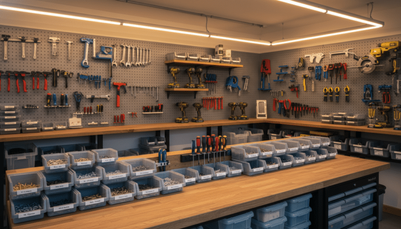 A well-organized workshop scene showcasing customized tool storage solutions. In the foreground, a neat workbench with various compartmentalized containers, each labeled, neatly storing small tools and screws. The middle ground features wall-mounted pegboards equipped with hooks, clearly arranged with hand tools and accessories arranged for optimal accessibility. In the background, bright overhead lighting casts a warm glow, enhancing the structure and arrangement of the workshop. The angle is slightly elevated, providing a comprehensive view of the entire space, giving a sense of order and efficiency. The atmosphere is practical and inspiring, reflecting a professional environment dedicated to maximizing storage and organization. The entire scene is devoid of any human figures, maintaining a focus on the workshop's clever storage solutions. A well-organized workshop scene showcasing customized tool storage solutions. In the foreground, a neat workbench with various compartmentalized containers, each labeled, neatly storing small tools and screws. The middle ground features wall-mounted pegboards equipped with hooks, clearly arranged with hand tools and accessories arranged for optimal accessibility. In the background, bright overhead lighting casts a warm glow, enhancing the structure and arrangement of the workshop. The angle is slightly elevated, providing a comprehensive view of the entire space, giving a sense of order and efficiency. The atmosphere is practical and inspiring, reflecting a professional environment dedicated to maximizing storage and organization. The entire scene is devoid of any human figures, maintaining a focus on the workshop's clever storage solutions.